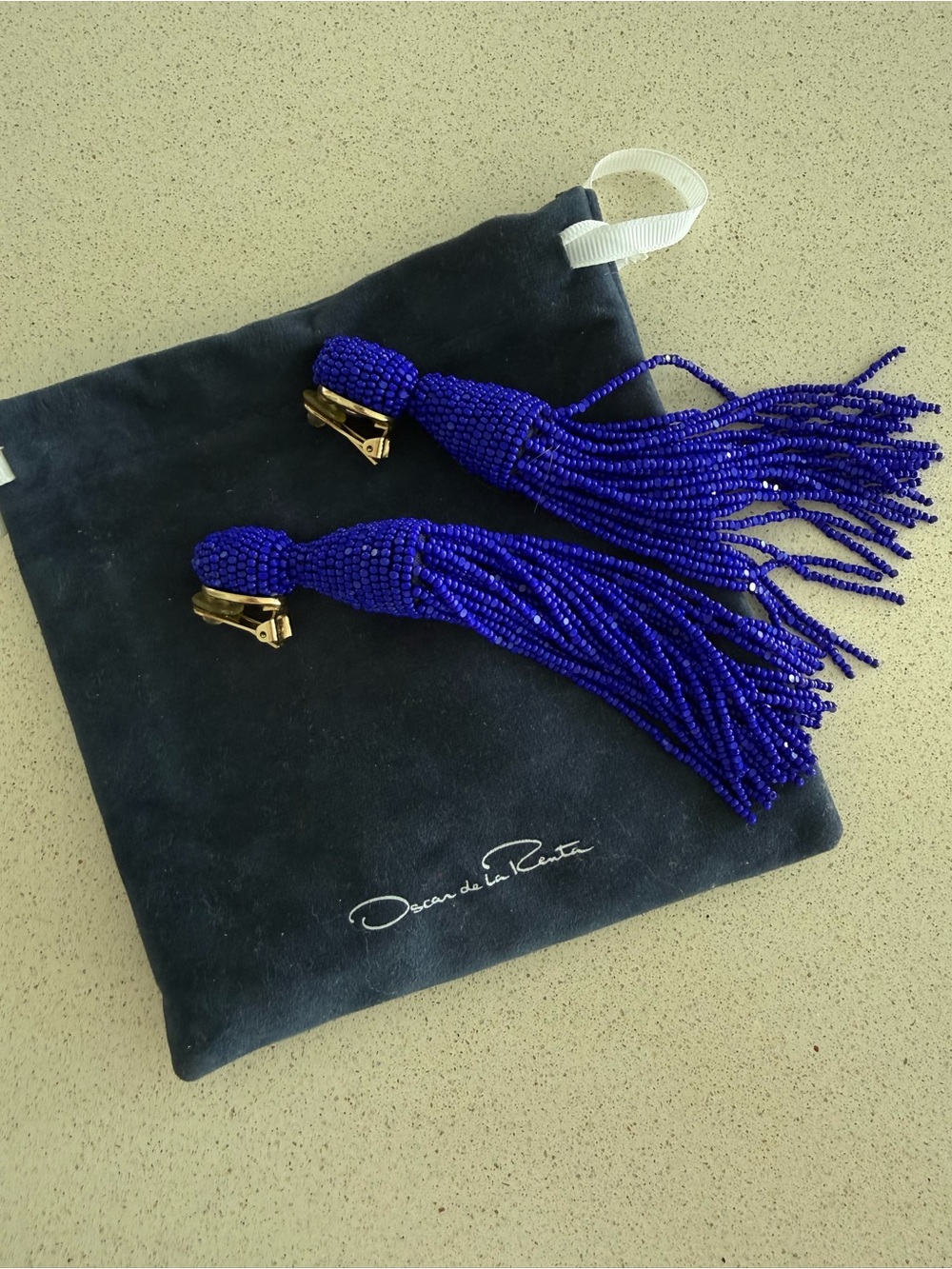 Oscar de la Renta Cobalt Blue Beaded Tassel Clip-On Earrings